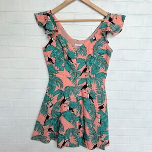 Glamorous Women's Peach Tropical Toucan Flutter Sleeve Fitted Dress -sz 12